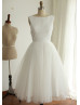 Boat Neck Ivory Sequin Tulle V Back Simple Bridesmaid Dress